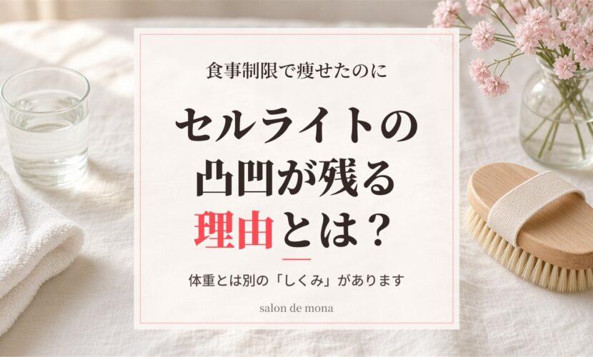 リネンの上のボディブラシとタオル。食事制限で痩せたのにセルライトの凸凹が残る理由とは？